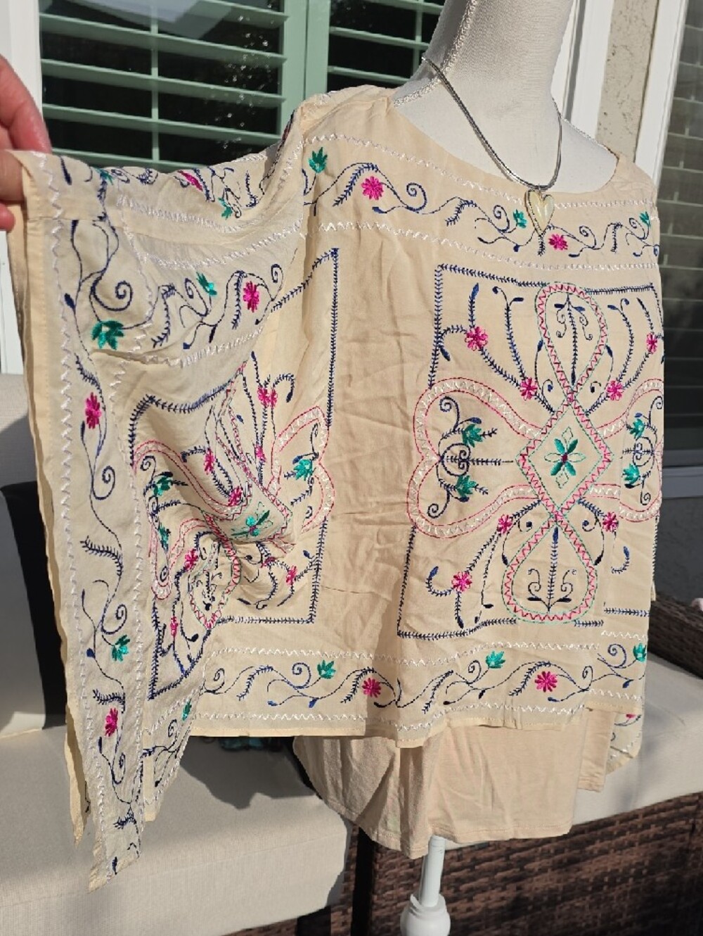 Chico's Cream Embroidered Floral Boho Blouse with Pink & Teal Accents - Picture 6 of 10